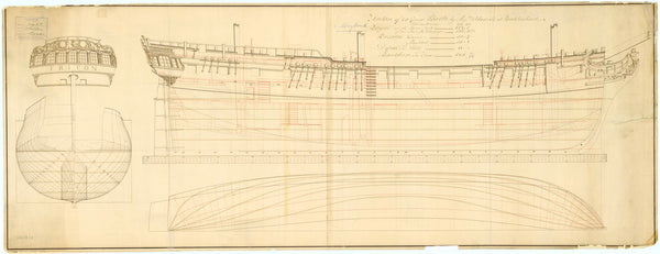 Plan showing the body plan, stern board outline, sheer lines, and longitudinal half breadth for Triton (1771) and Greyhound (1773)