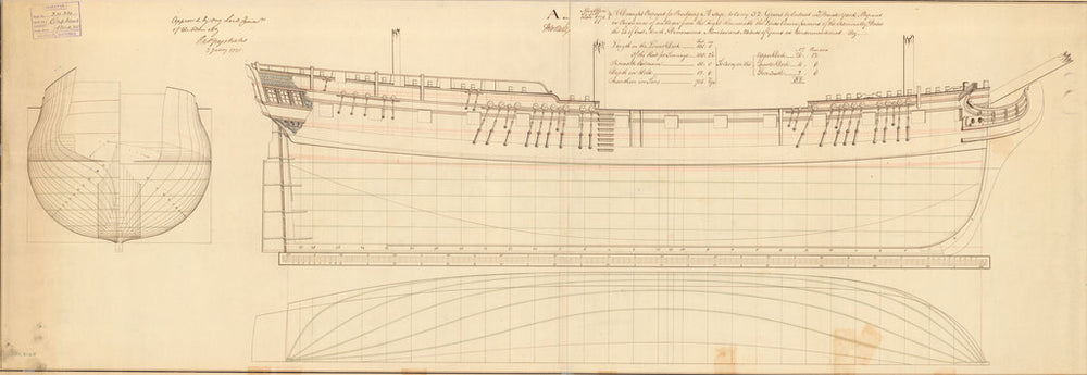 Body plan, sheer lines, longitudinal half breadth plan of 'Orpheus' (1773)