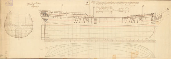 Body plan, sheer lines, longitudinal half breadth plan of 'Orpheus' (1773)