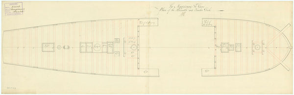 Deck, Quarter & Forecastle plan for the French frigate 'Magicienne' (1778) (captured by British Navy off Boston on 2 July 1781 and added to the British Navy)