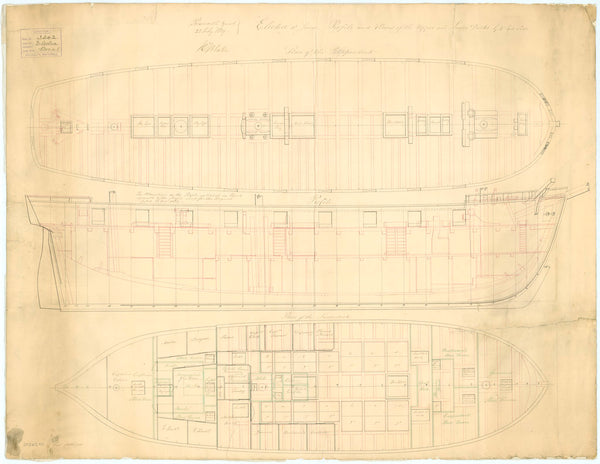 Inboard profile plan for HMS 'Electra' (1837) 18 guns