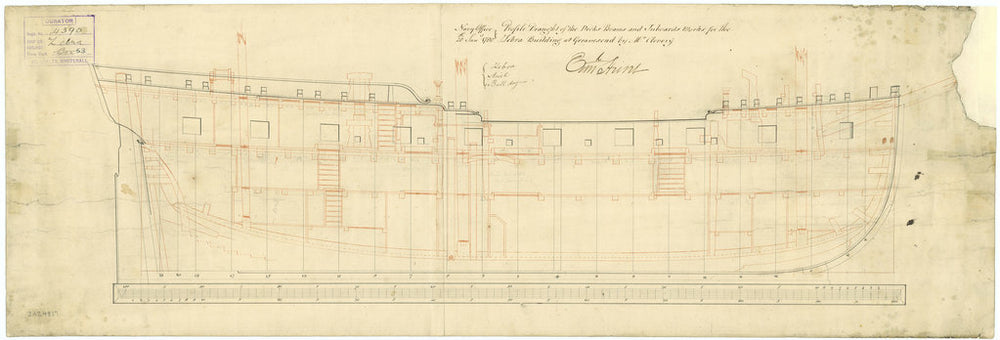 Inboard profile plan for HMS 'Zebra' (1780)