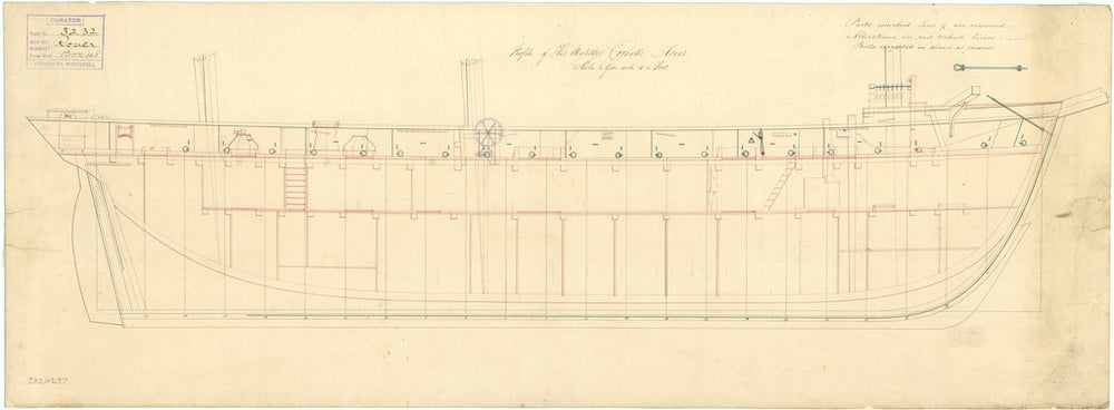 Inboard profile plan for HMS 'Rover' (1832)