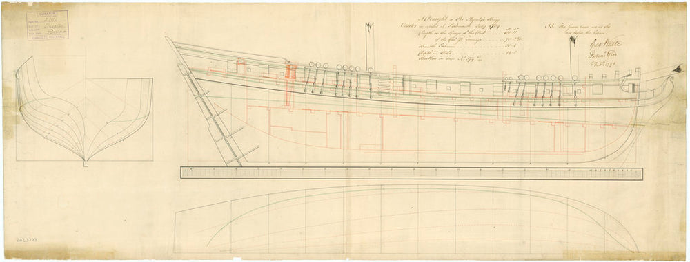 Lines and profile plan for 'Orestes' (1781)