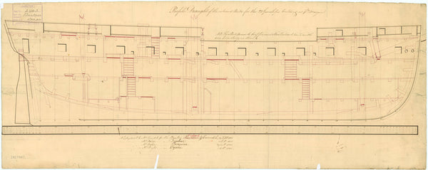 Inboard profile plan for Banterer (1807), Cossack (1806), Crocodile (1806), Cyane (1806), Daphne (1806), Pandour (1806) and Porcupine (1807)