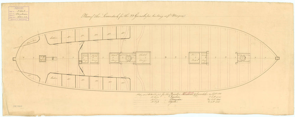 Lower deck plan for Banterer (1807), Cossack (1806), Crocodile (1806), Cyane (1806), Daphne (1806), Pandour (1806) and Porcupine (1807)