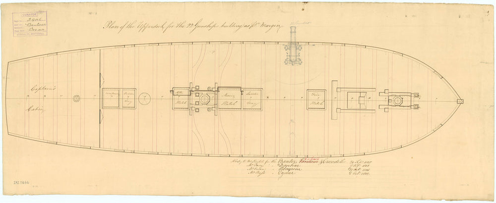 Upper deck plan for Banterer (1807), Cossack (1806), Crocodile (1806), Cyane (1806), Daphne (1806), Pandour (1806) and Porcupine (1807)