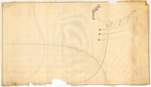 Forward body plan, bow longitudinal half-breadth and lines elevation and outline of the head rail for an unnamed large warship (possibly 80-guns), no date but watermarked 1818