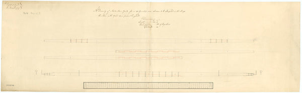 Elevation of a made main yard using the tongue method of scarphing at each end, and an elevation and longitudinal section of a made yard scarphed in the middle for 100-gun ships, 1779