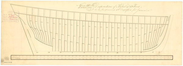 Plan showing the framing profile (disposition) for an unnamed 41ft single-masted unarmed cutter/advice boat/lighter for Jamaica.