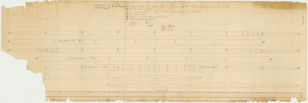 A proposal to lengthen the yard oat one end and a proposal tom lengthen the yard at both ends for a 74-gun ship, 1779