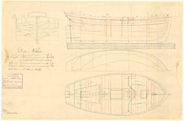 Plan showing the body plan with stern board outline, sheer lines with inboard detail, longitudinal half-breadth, and deck plan for Duke William (1763)