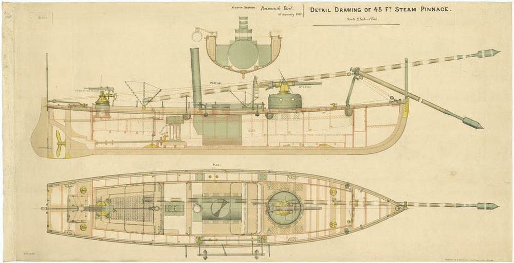 Inboard profile and plan of a 45-foot steam pinnace and spar torpedo