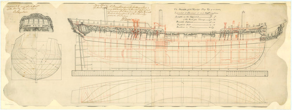 Lines & inboard profile, decoration of 'Fly' (1776)