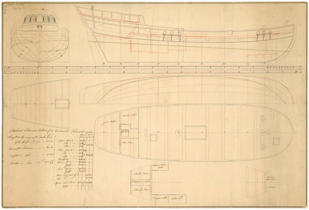 Lines body, sternboard outline, inboard profile, quarterdeck, lines half breadth, upper deck, table of hull, mast and spar dimensions and platforms of the 'Chalieur'/'Chaleur' (1764)