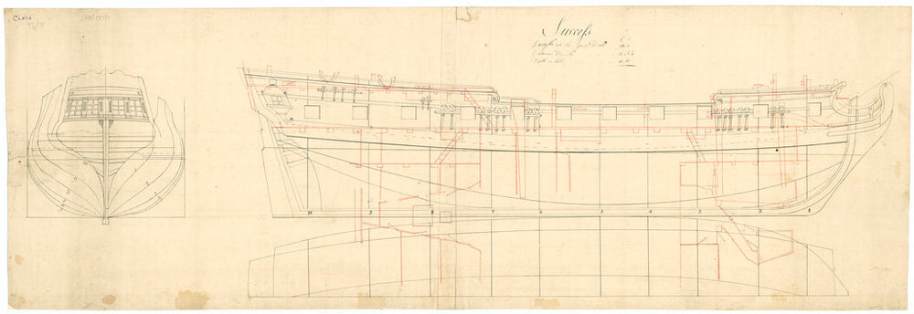 A plan showing the body with stern board detail, inboard profile and longitudinal half-breadth with superimposed plan of platforms of the Success (1712), a 20-gun Sixth Rate
