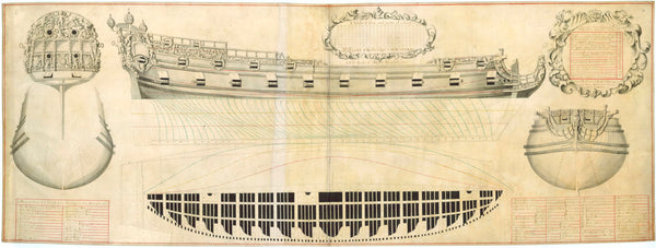 Body plan, sheer lines, and half-breadth for an unnamed 103ft, 44-gun fifth rate (circa 1684)
