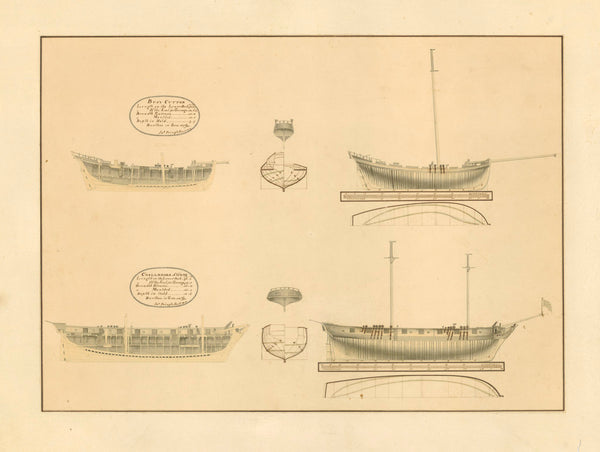 Body, sheer lines, and half-breadth plan for Busy (1778), a 10-gun Cutter, and Challenger (1806), a 16-gun Brig