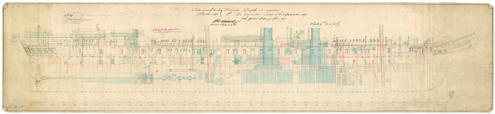 Admiralty plan showing the inboard profile of the broadside ironclad 'Warrior' (1860)