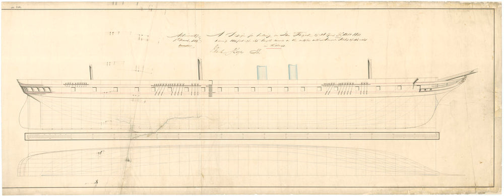 Admiralty plan showing the sheer lines and longitudinal half-breadth of the broadside ironclad 'Warrior' (1860)