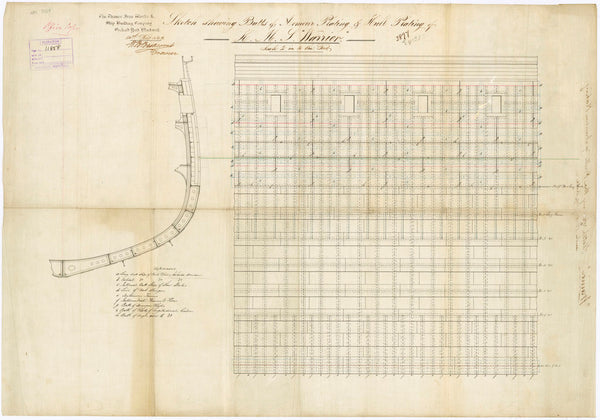 Admiralty plan showing a midships half-section and midships plating expansion from the gunwales to the keel of 'Warrior' (1860)