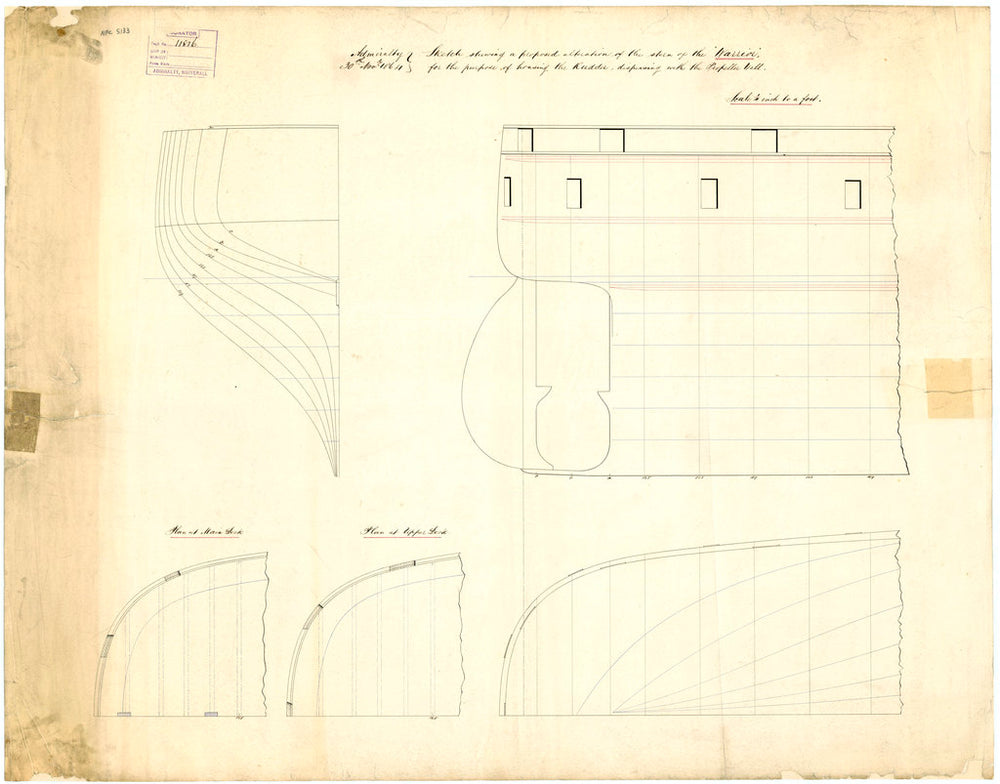Admiralty plan showing the body, sheer lines and longitudinal half-breadth at the stern of the broadside ironclad 'Warrior' (1860)