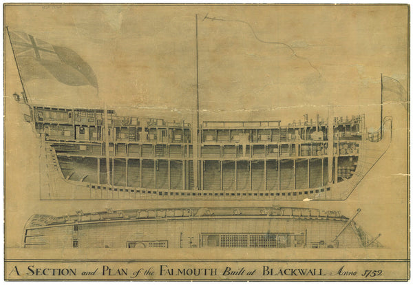 A plan showing the inboard profile, with details, and half plan of the upper deck and fittings of the Blackwall built merchant ship 'Falmouth' (1752)