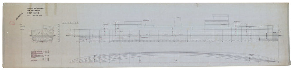 Lines plan of Royal Navy light cruiser HMS Belfast (C35) (1938)