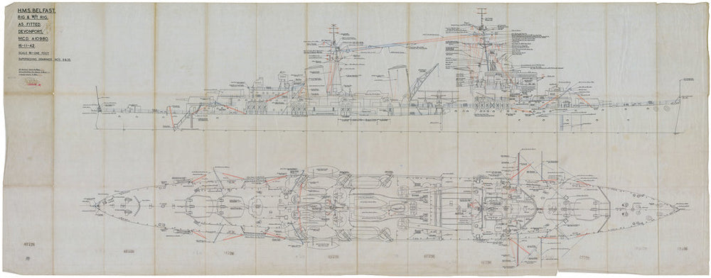 Ship plan of Royal Navy light cruiser HMS Belfast (C35) (1938)