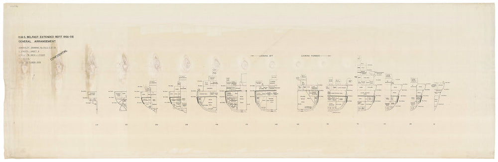 Ship plan of Royal Navy light cruiser HMS Belfast (C35) (1938)
