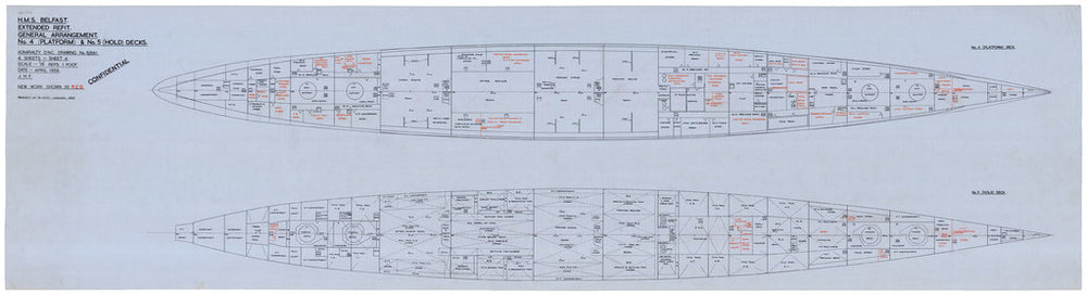 Ship plan of Royal Navy light cruiser HMS Belfast (C35) (1938)