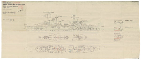 Ship plan of Royal Navy light cruiser HMS Belfast (C35) (1938)