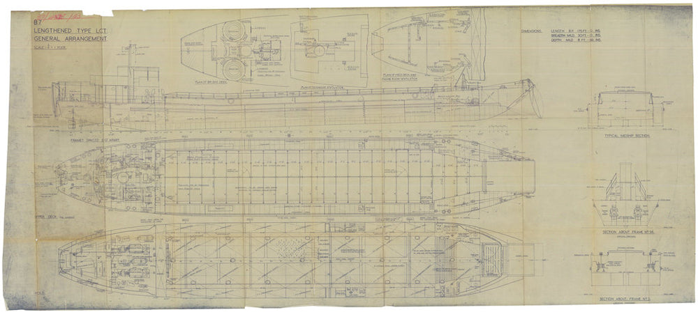 Profile, decks & sections plan of Thornycroft-built Landing Craft (Tank) 7035 in 1943