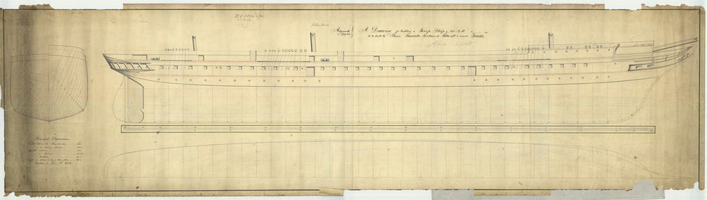 Lines, profile, half breath, and body plan for HMS 'Tamar' (1863)