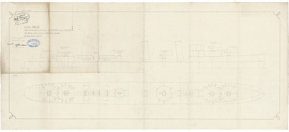 Gun and torpedo elevations: profile and plan for HMS Bruce (1917) in 1918