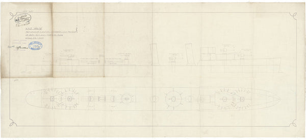 Gun and torpedo elevations: profile and plan for HMS Bruce (1917) in 1918