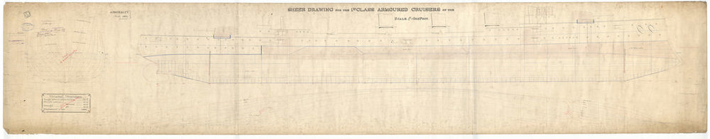 Body plan, sheer lines and longitudinal half-breadth plan for HMS Antrim (1903) as proposed 1901