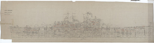 Profile plan for HMS 'Vanguard' (1944) with 1954 mods.