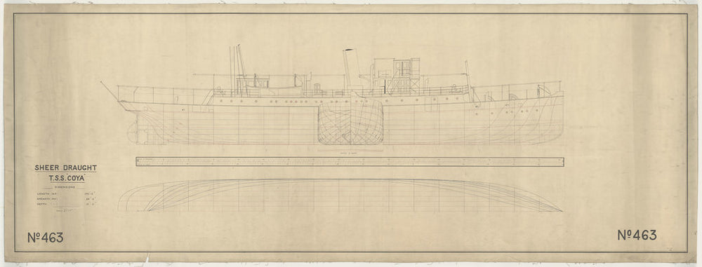 Lines and profile plan with outboard detail for passenger/cargo steamer Coya (1892)