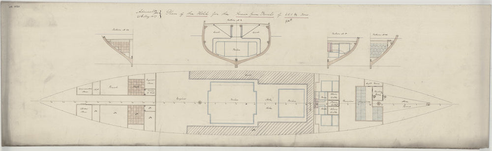 Hold and sections plan for the Beyrut class design (1857), Turkish screw gun vessel