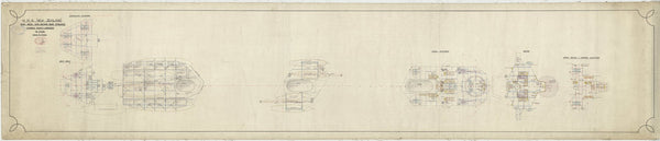 Boat deck, skid beams, boat stowage, conning tower & bridges plan for HMS New Zealand (1911), as fitted 1913