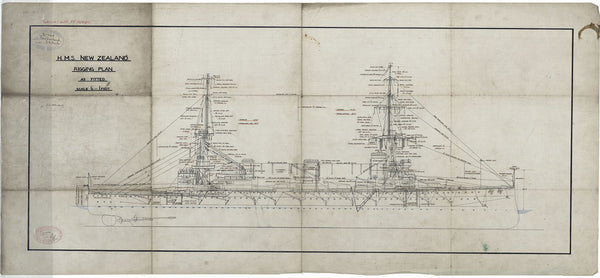 Rigging plan of HMS New Zealand (1911), as fitted 1913