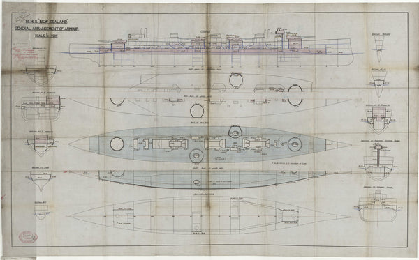 General arrangement of armour of HMS New Zealand (1911), as fitted 1913