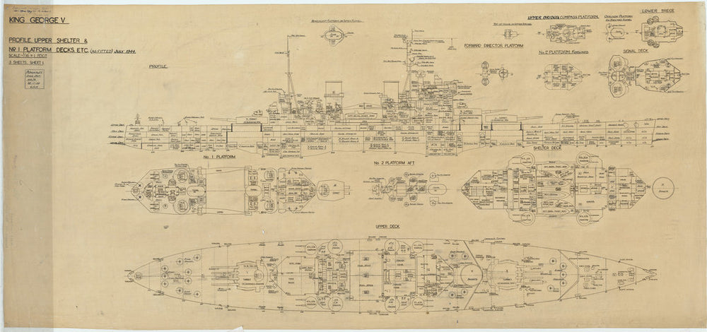 Inboard profile, upper shelter and decks plan for King George V (1939)