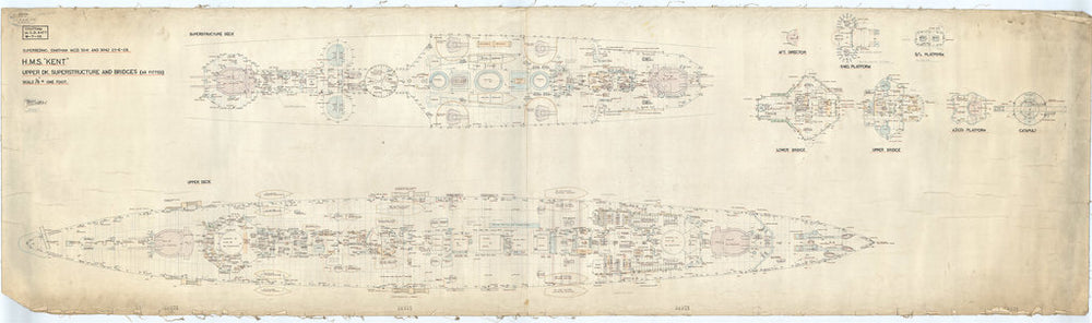 Upper decks, superstructure, and bridges plan of HMS Kent (1926)