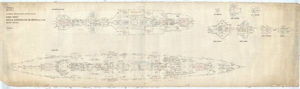 Upper decks, superstructure, and bridges plan of HMS Kent (1926)