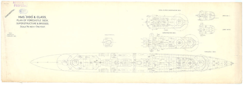Forecastle, superstructure & bridges deck plan for HMS Dido & class (1939)