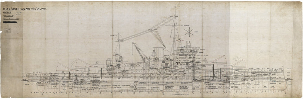 Inboard profile plan for HMS 'Queen Elizabeth' (1913) and HMS 'Valiant' (1914), as fitted