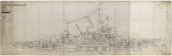 Inboard profile plan for HMS 'Queen Elizabeth' (1913) and HMS 'Valiant' (1914), as fitted