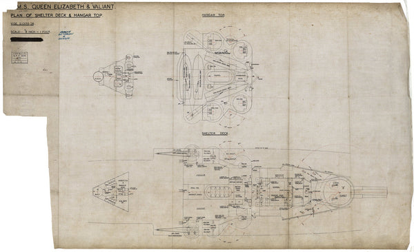 Shelter deck and hangar top plan for HMS 'Queen Elizabeth' (1913) and HMS 'Valiant' (1914), as fitted